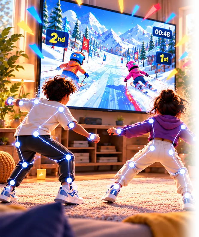 Two kids skiing in front of a TV while the phone tracks their moves